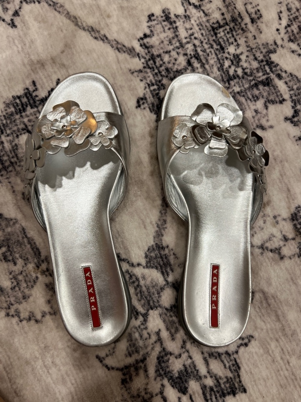 Prada Metallic Silver Floral Slide Mules